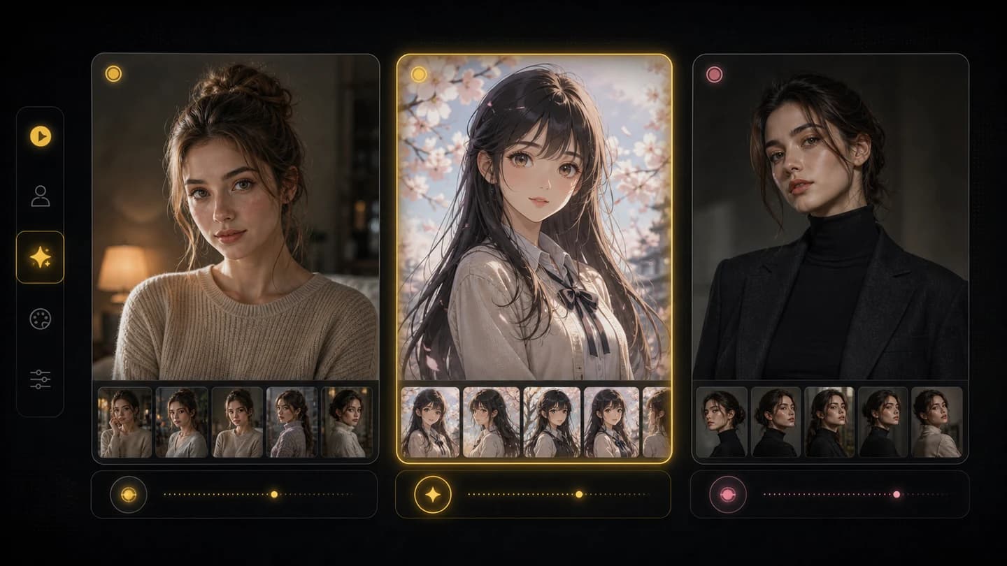 AI girl portrait variants in realistic, anime, and editorial styles