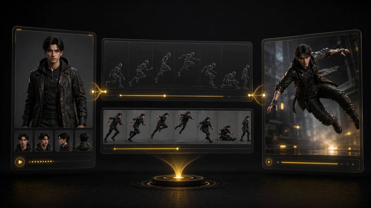 A character image staying consistent while following guided motion frames