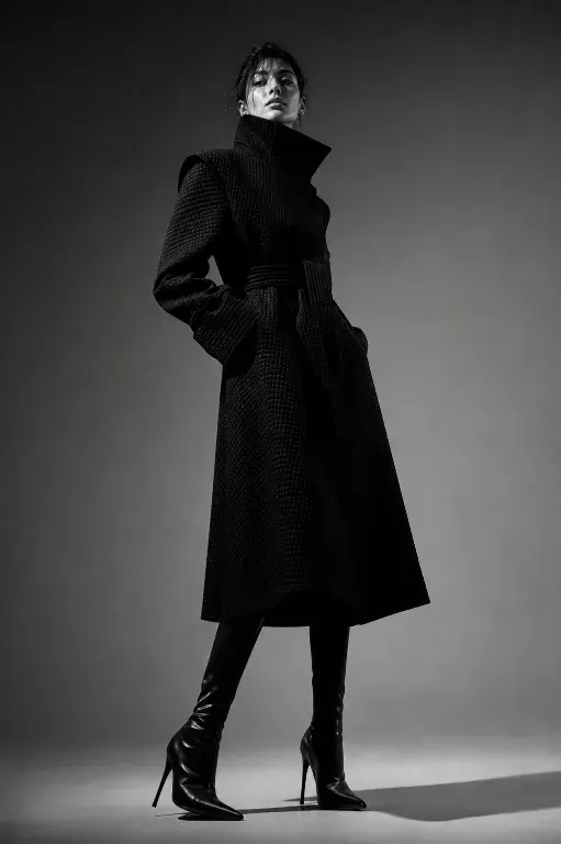 Retrato de moda monocromático de corpo inteiro com luz lateral dramática