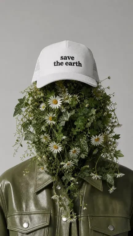 Surrealistisk botanisk hovedportræt med miljøvenlig kasketdetalje