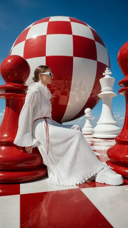 Glänzendes rot-weißes Mode-Editorial zur Schachwelt