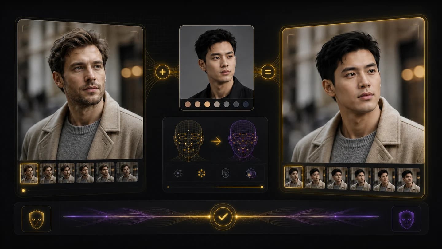 AI face swap preview blending a reference face into a target portrait