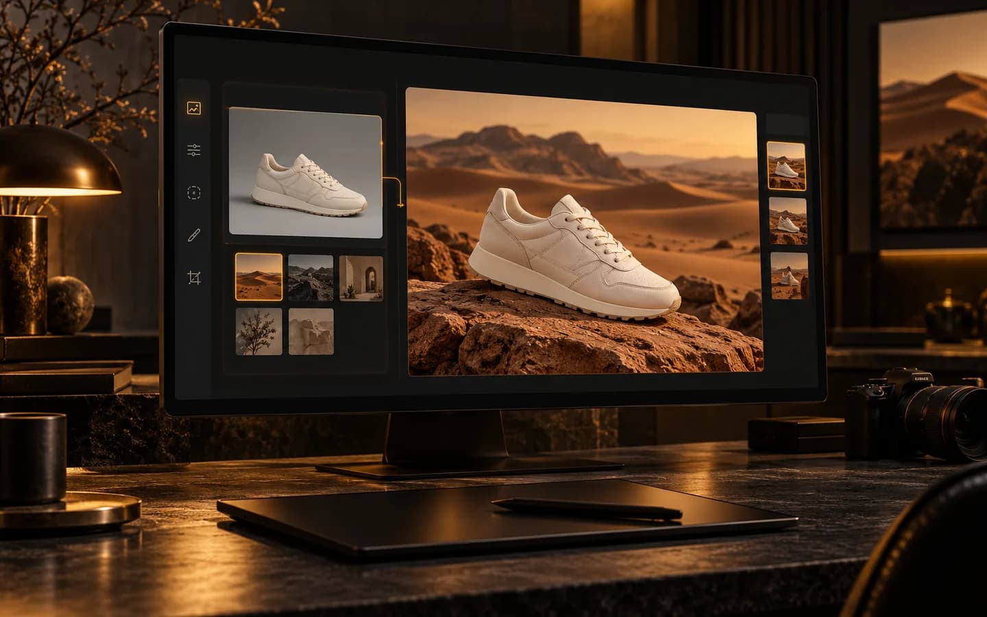 Illustration of a reference sneaker photo beside a desert campaign edit