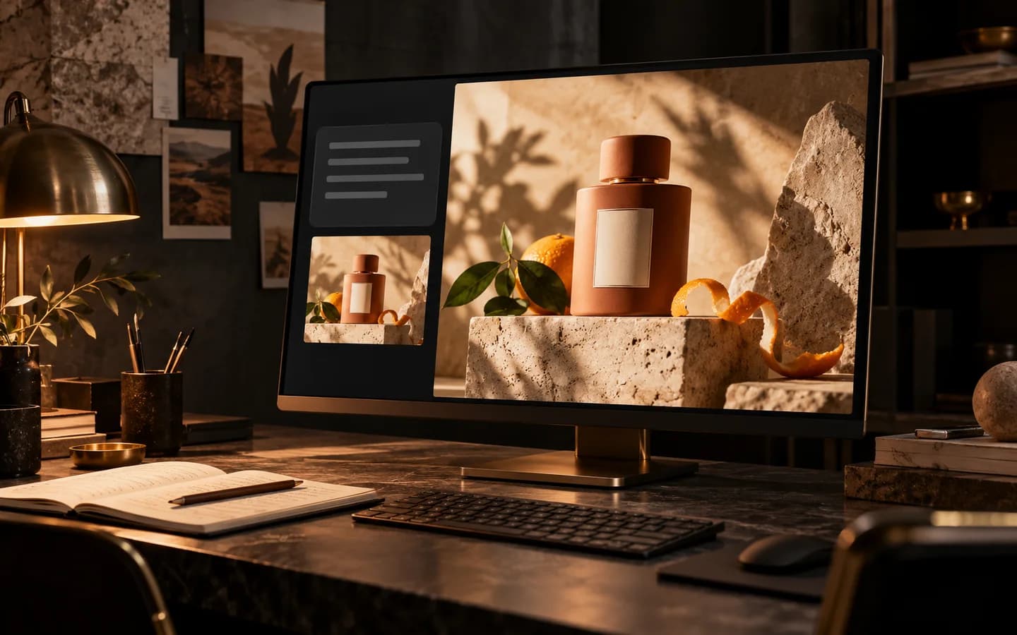 Illustration of a dark creative studio with a perfume campaign concept displayed on a monitor