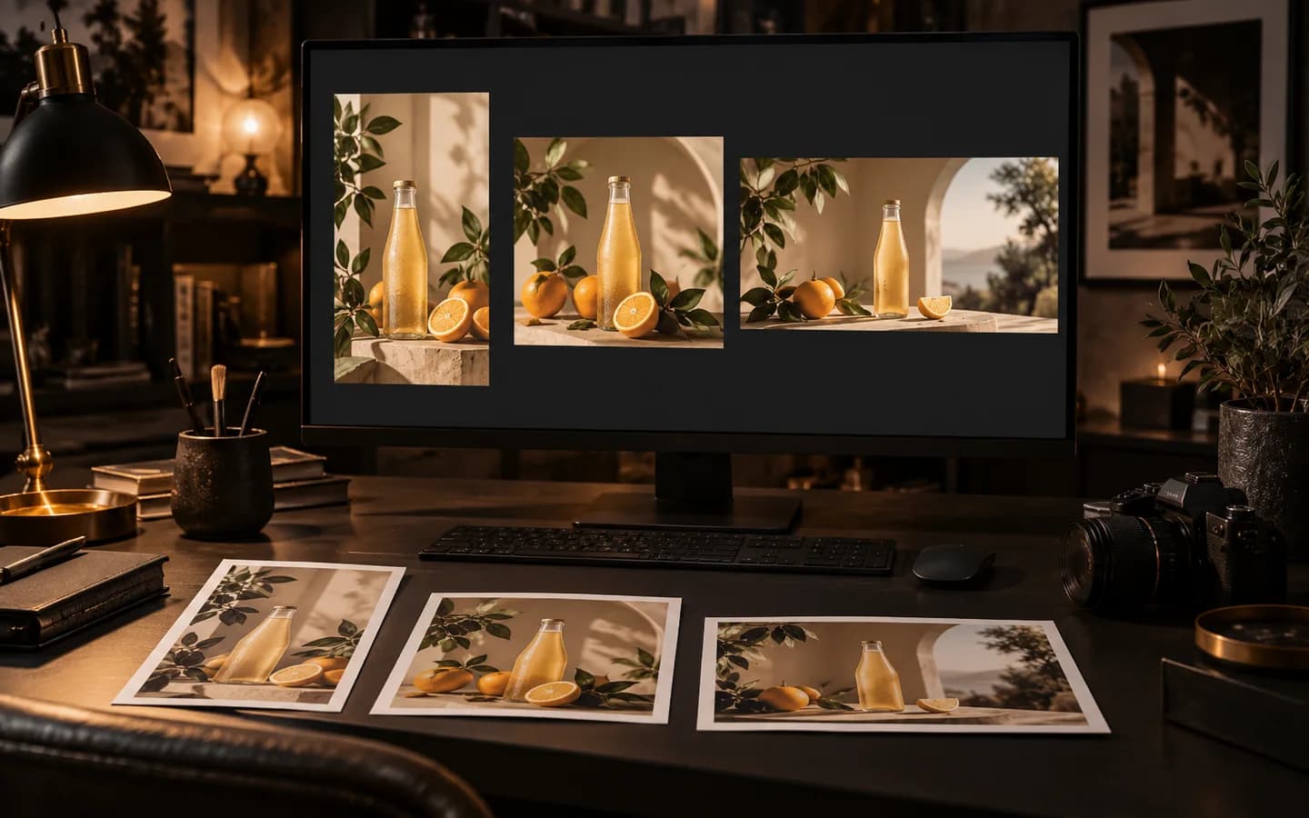 Illustration of a designer comparing square, portrait and landscape campaign compositions